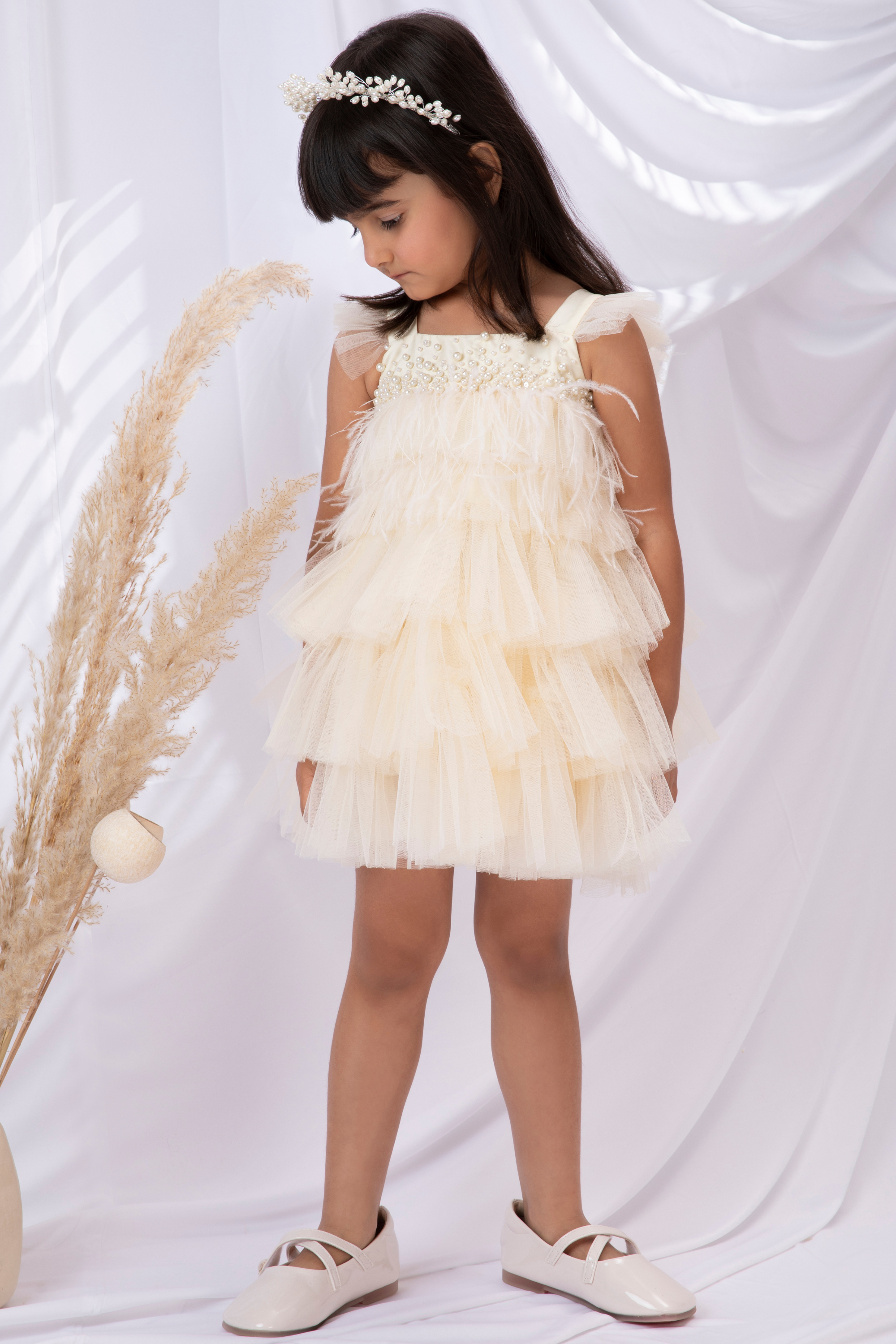 Butter Yellow Tiered Tulle Dress Embellished In Pearls And Feathers
