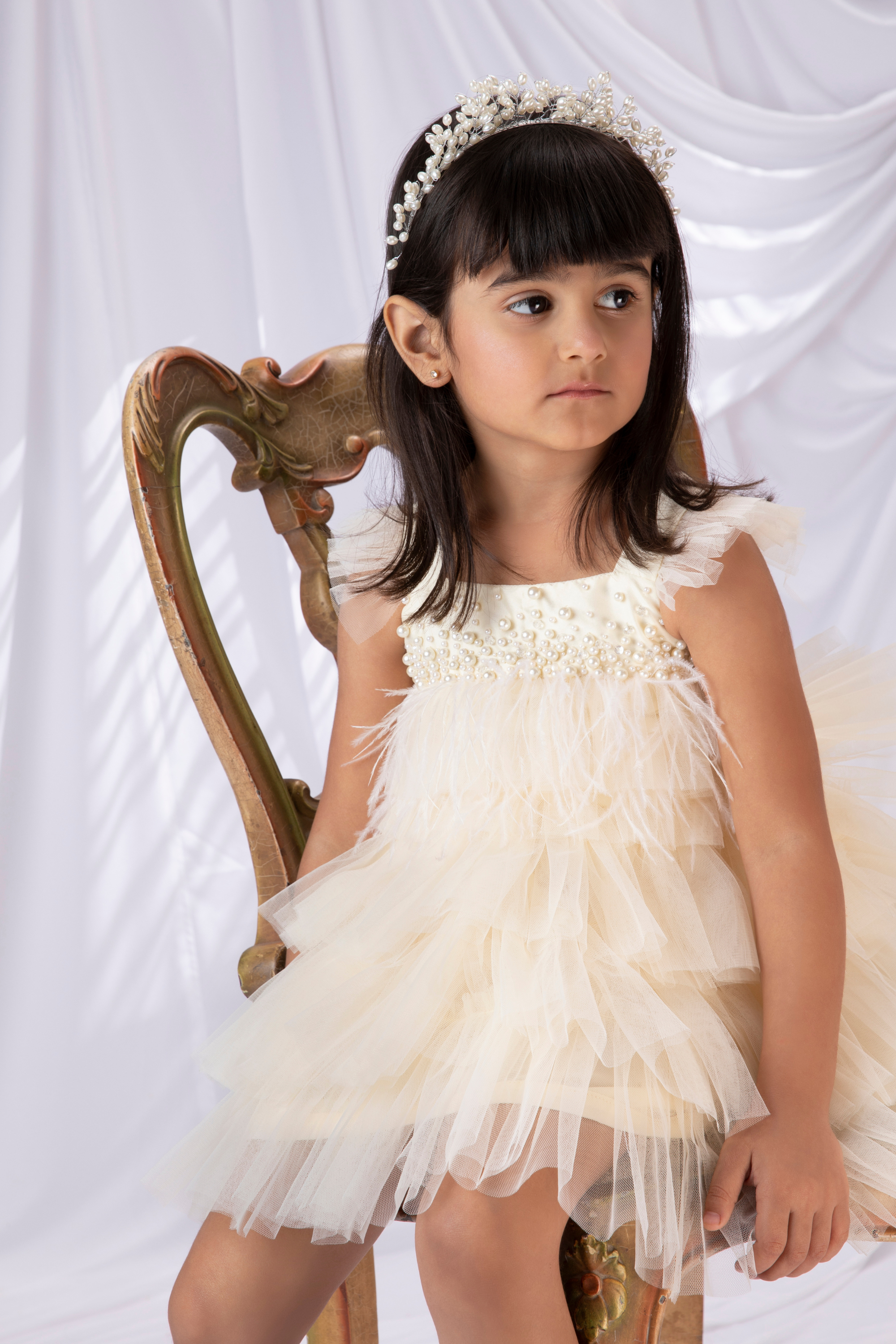 Butter Yellow Tiered Tulle Dress Embellished In Pearls And Feathers