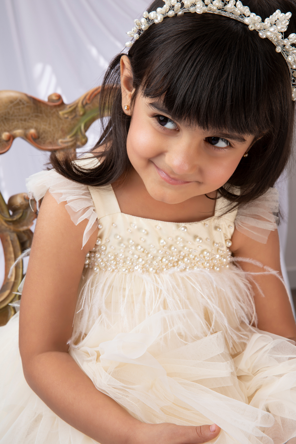 Butter Yellow Tiered Tulle Dress Embellished In Pearls And Feathers