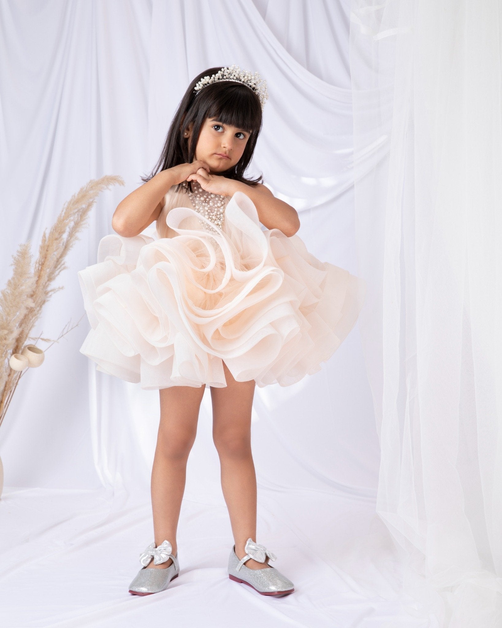 Nude V Neckline Embellished Dress With Exaggerated Flare