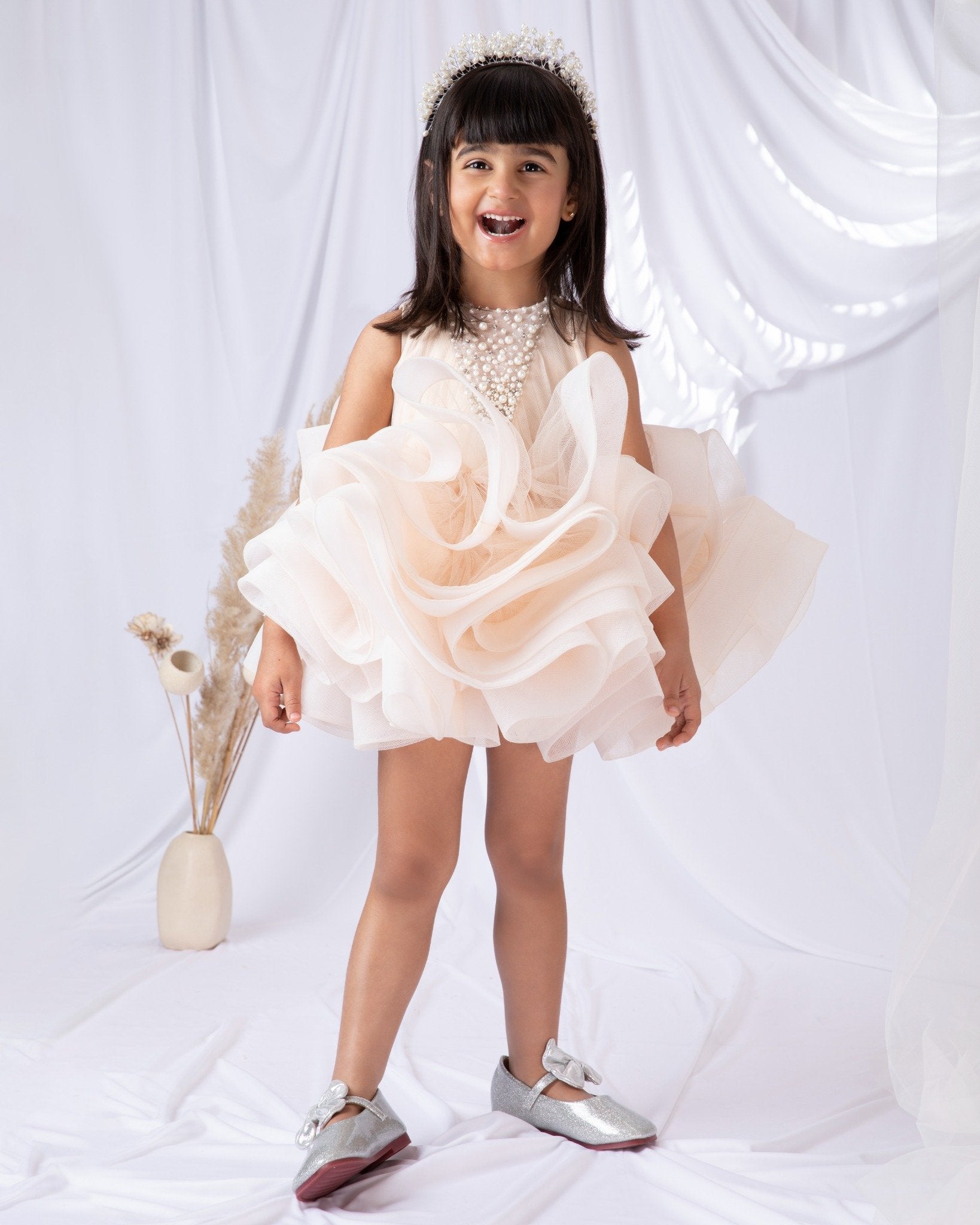 Nude V Neckline Embellished Dress With Exaggerated Flare