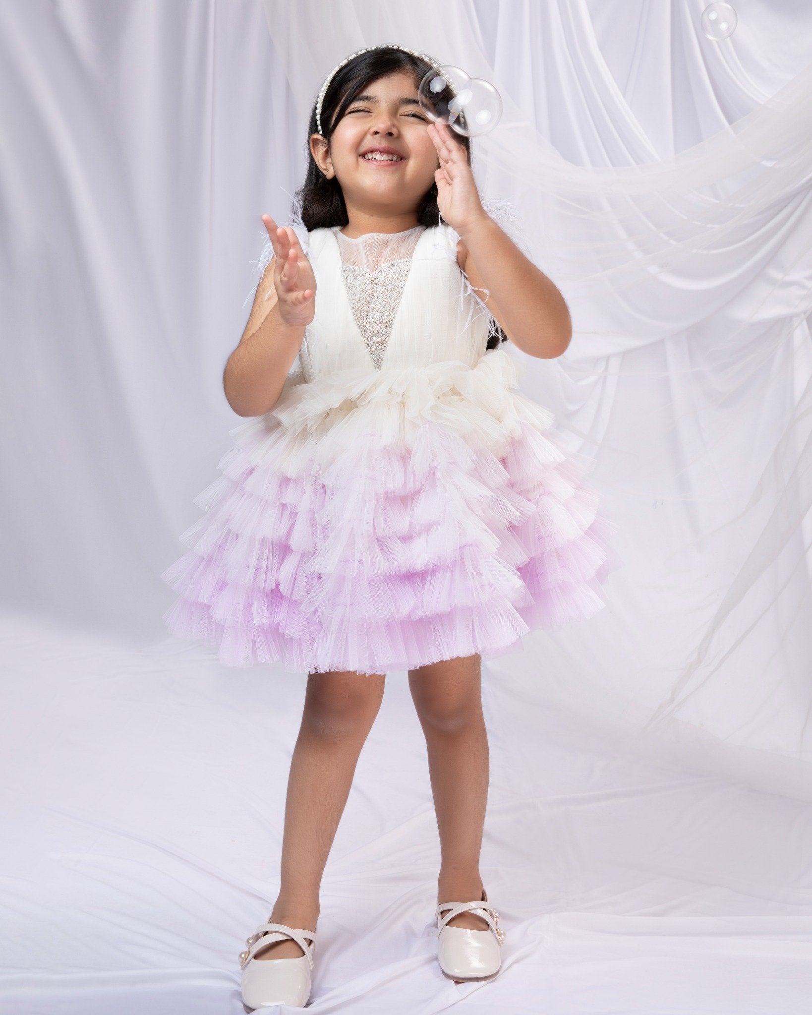 Tiered Ombre Dress With V Neckline Embroidered In Pearls And Rhinestones