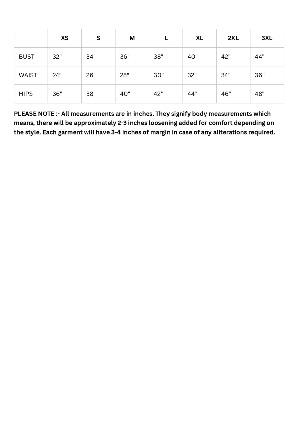Size chart