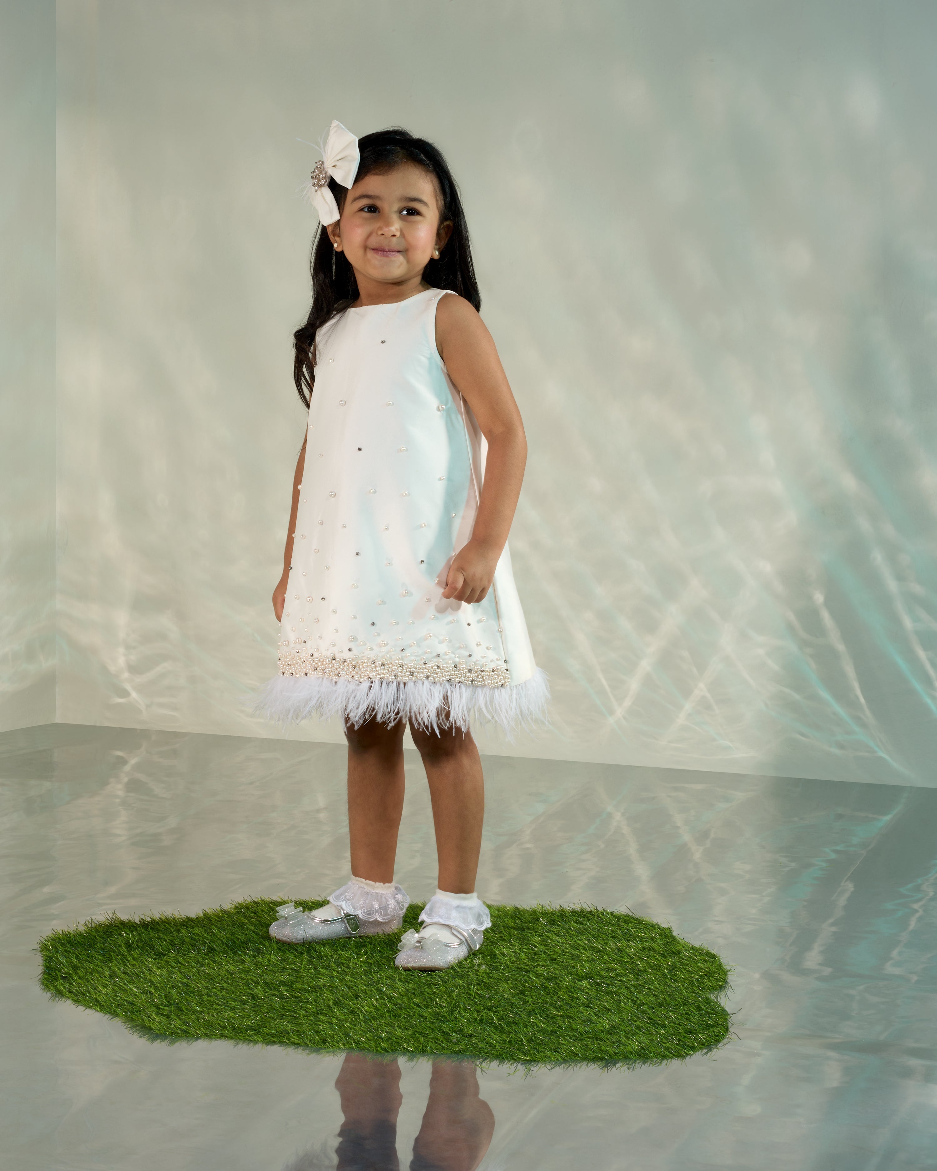 White Shift Dress with Feathers and Pearls at Hem COCO