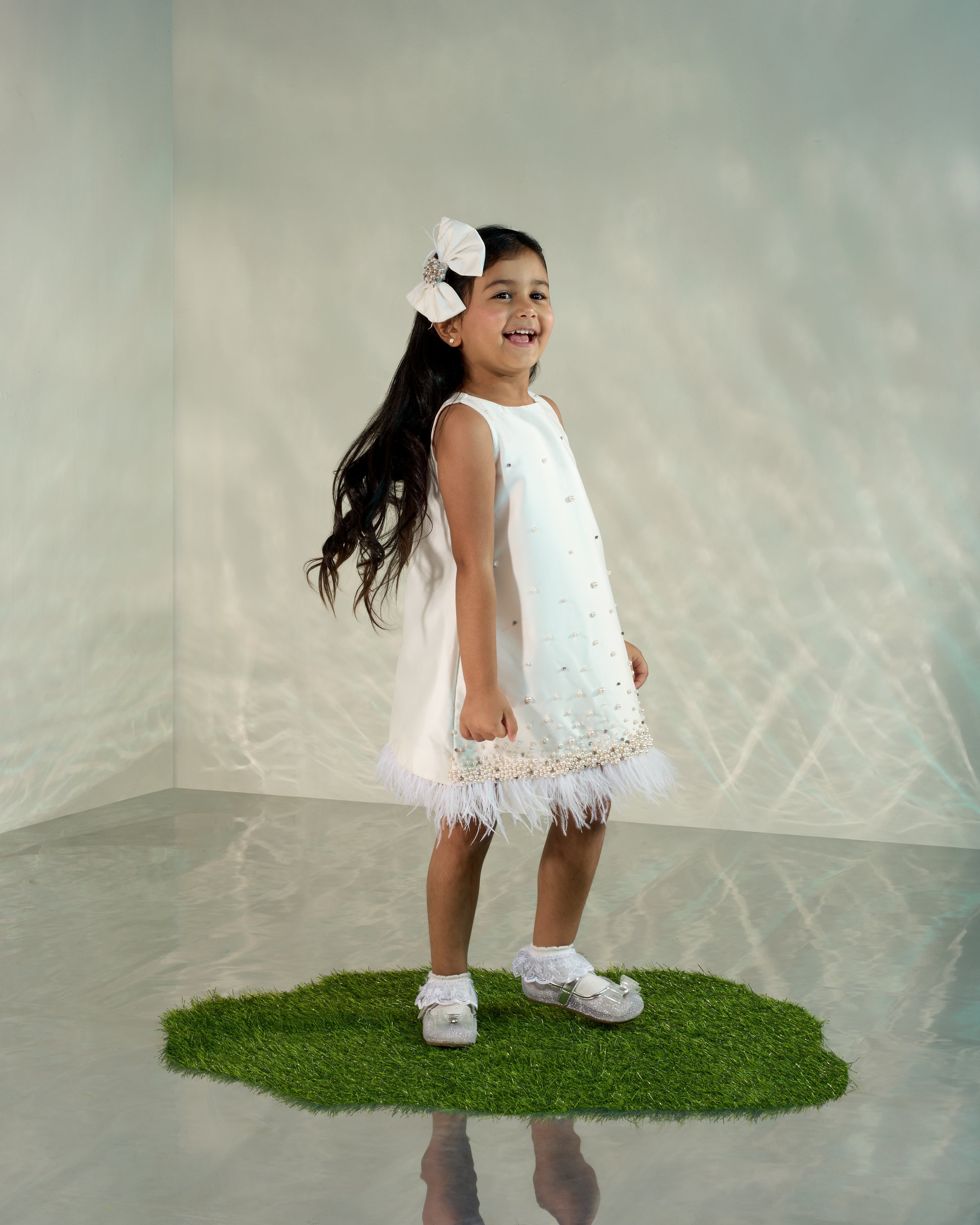 White Shift Dress with Feathers and Pearls at Hem COCO