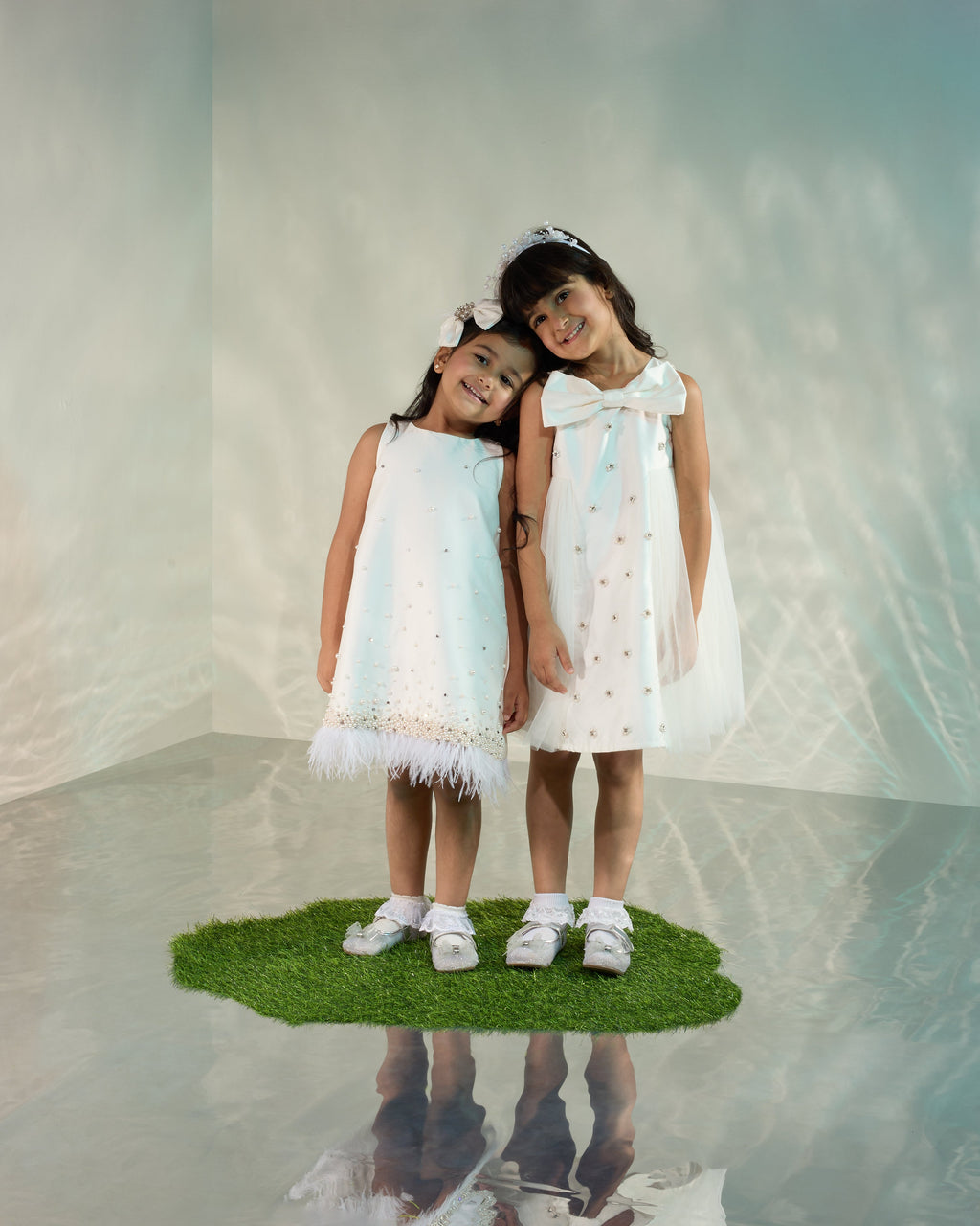 White Shift Dress with Feathers and Pearls at Hem COCO