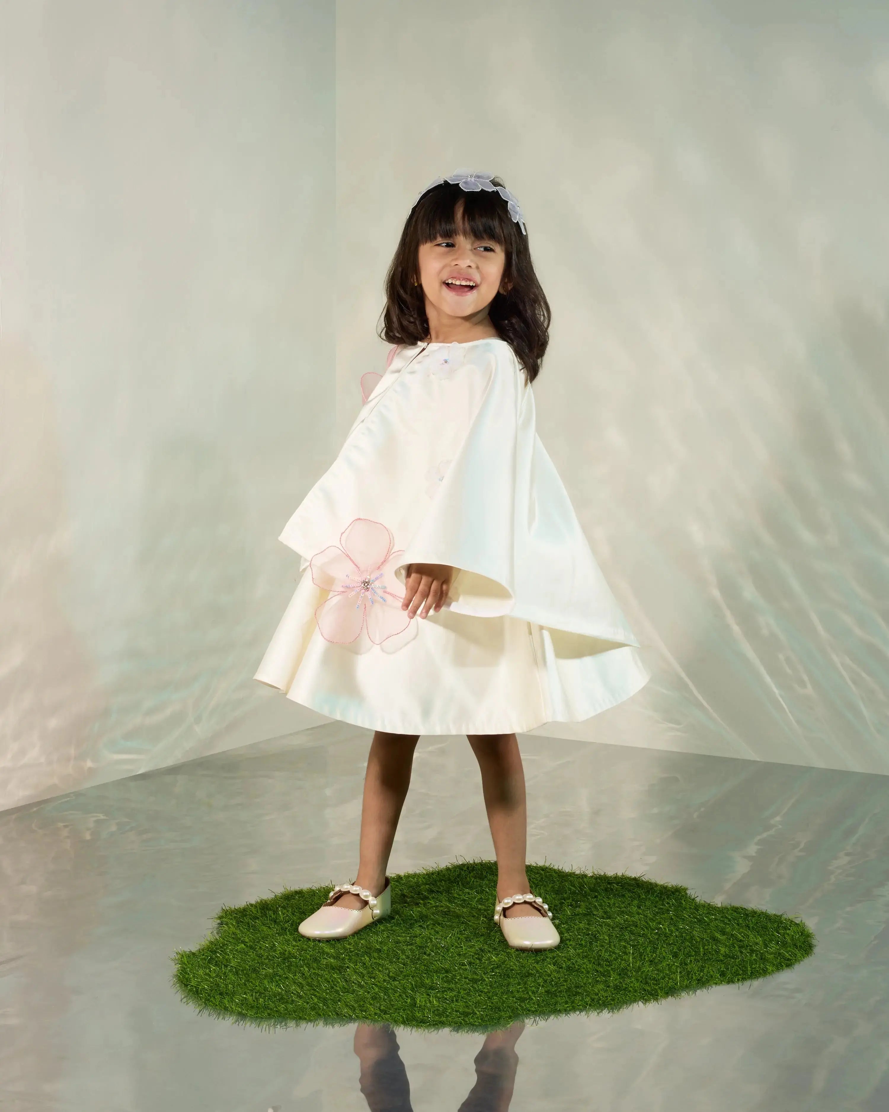 Satin Cape Dress with 3D Flowers COCO