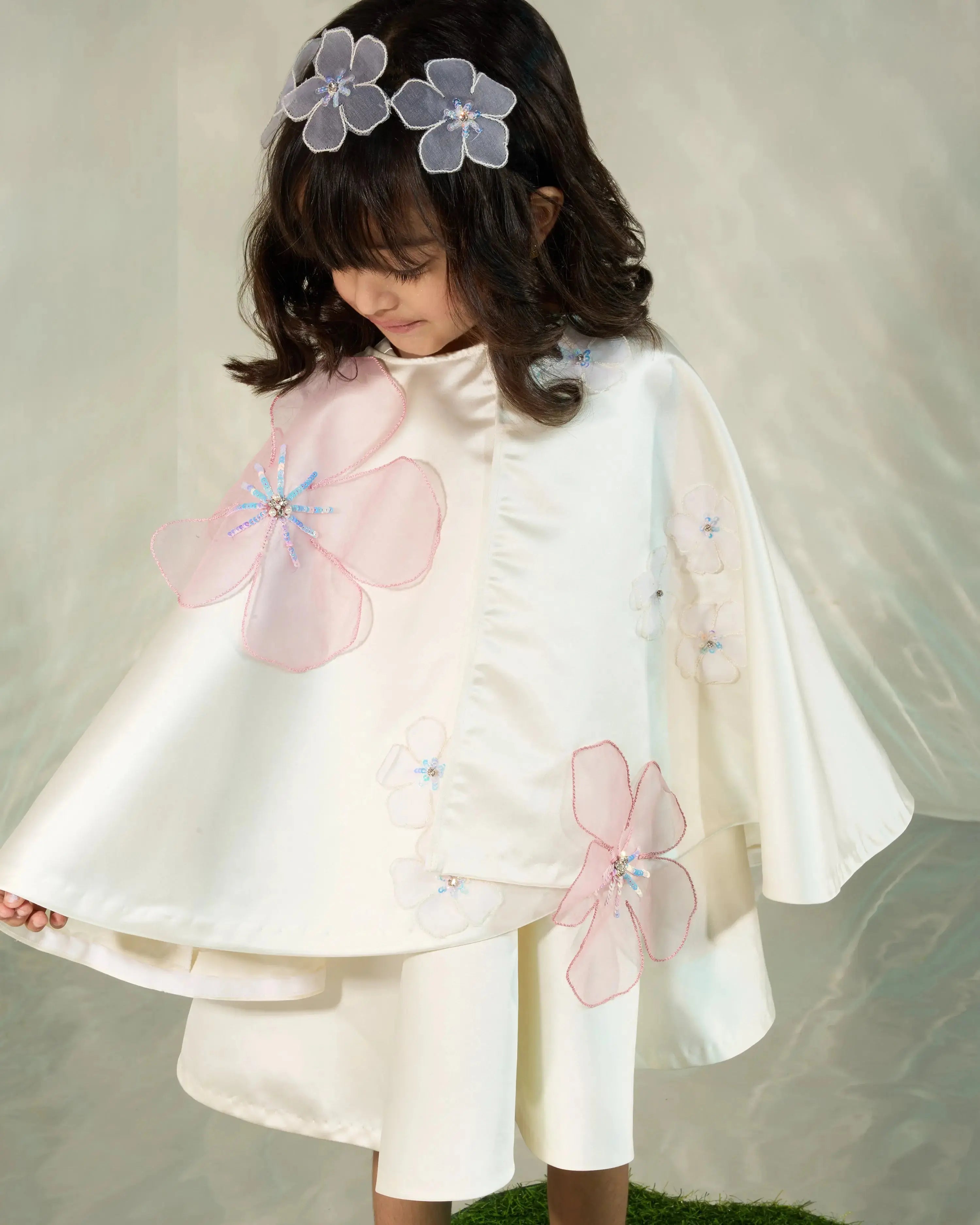 Satin Cape Dress with 3D Flowers COCO