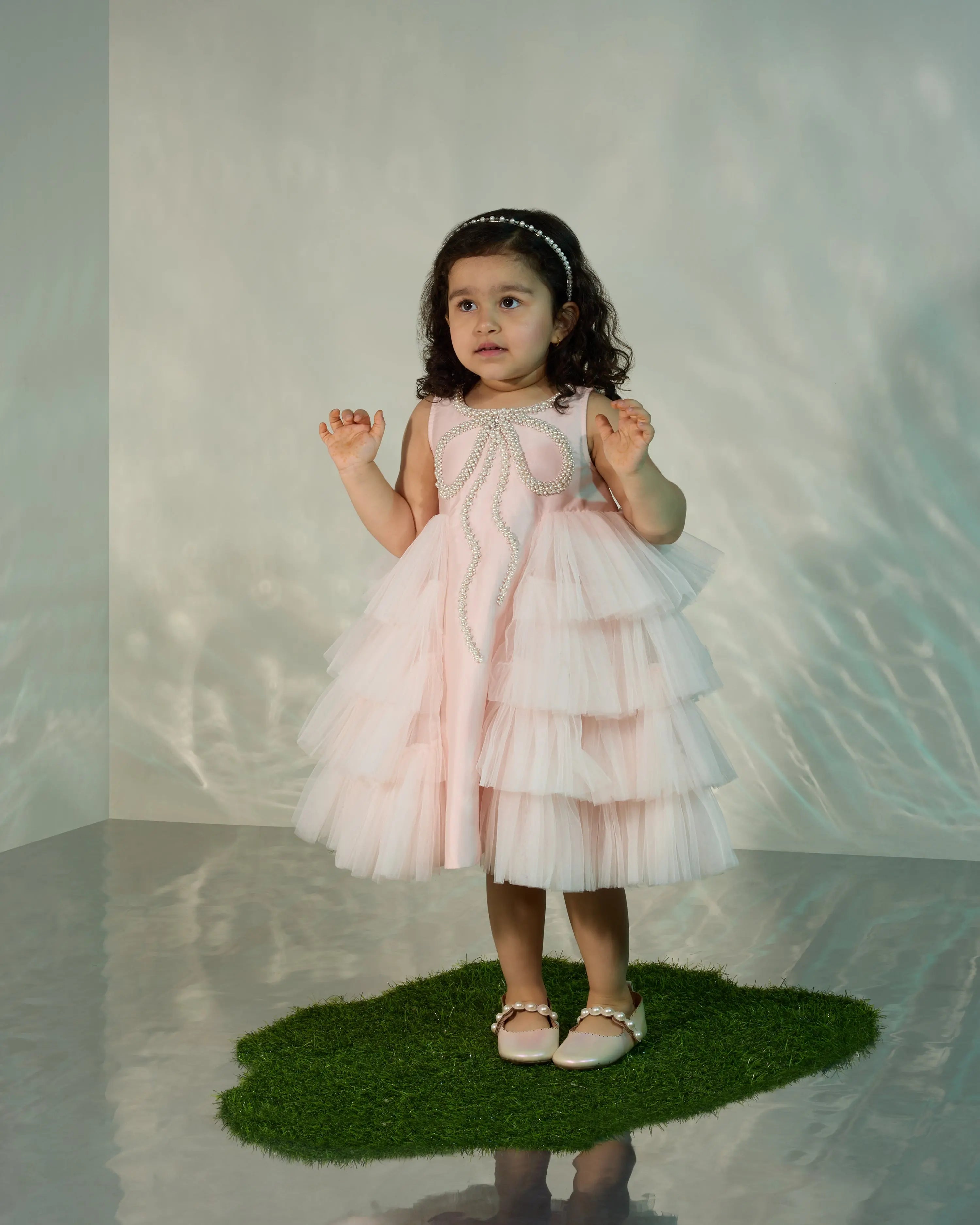 Powder Pink Tutu Dress with  Pearl Embellished Bow COCO