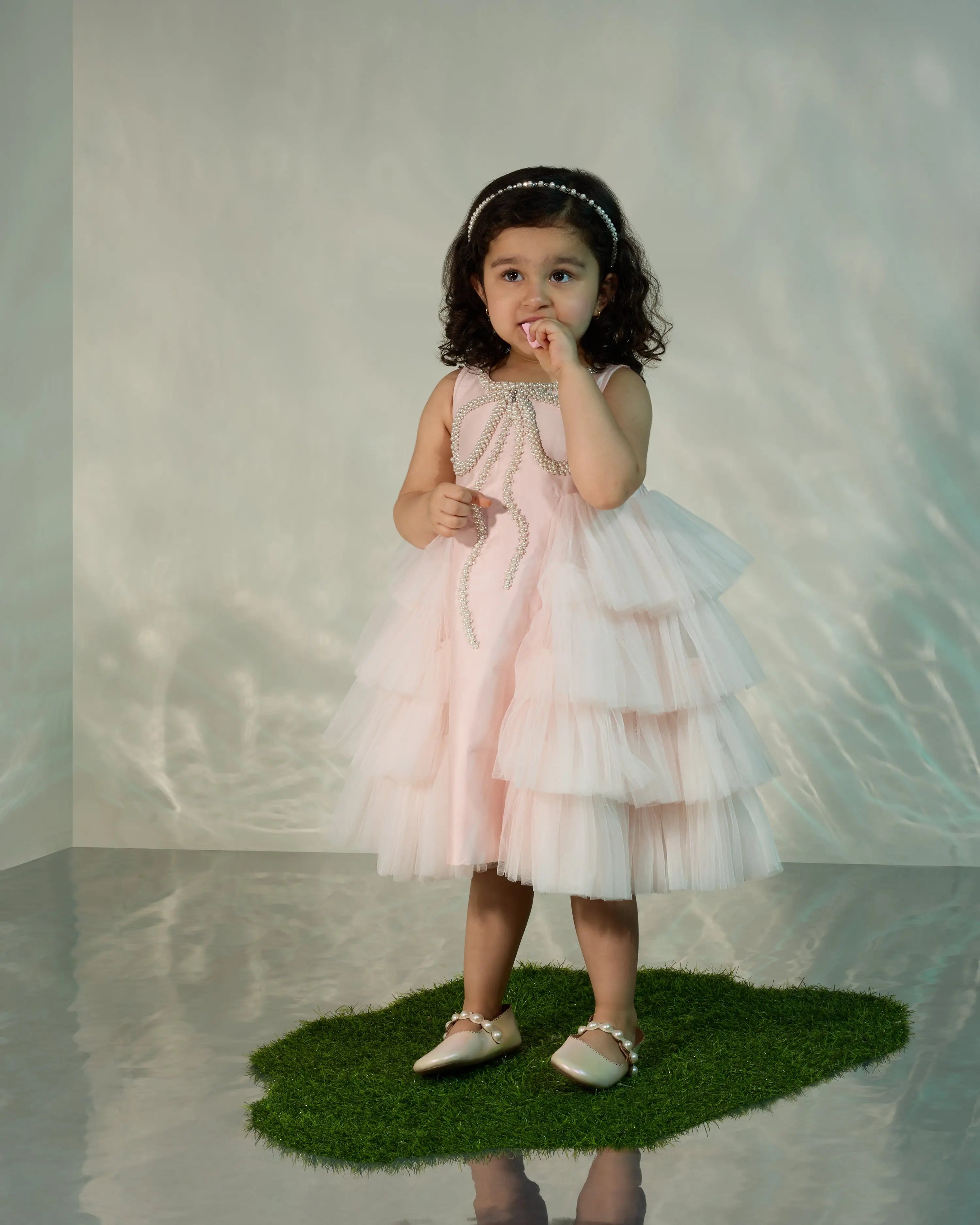 Powder Pink Tutu Dress with  Pearl Embellished Bow COCO