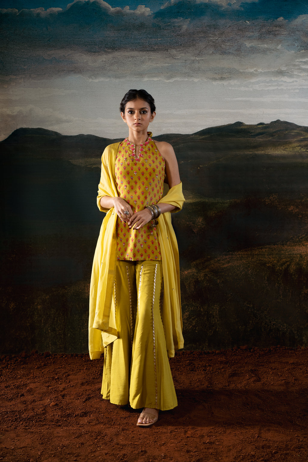 Mustard Halter Top with Embroidered Lace Sharara