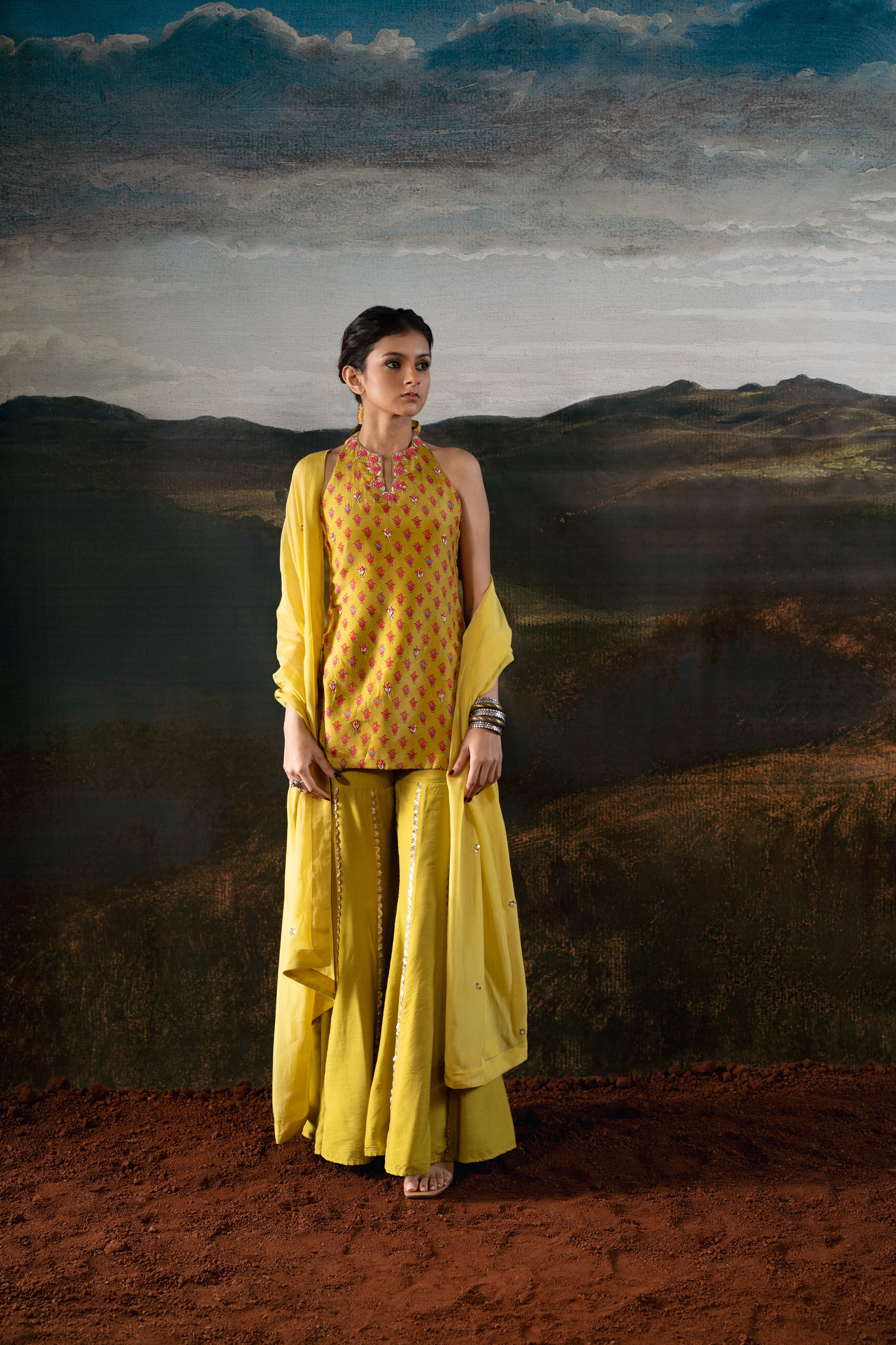 Mustard Halter Top with Embroidered Lace Sharara