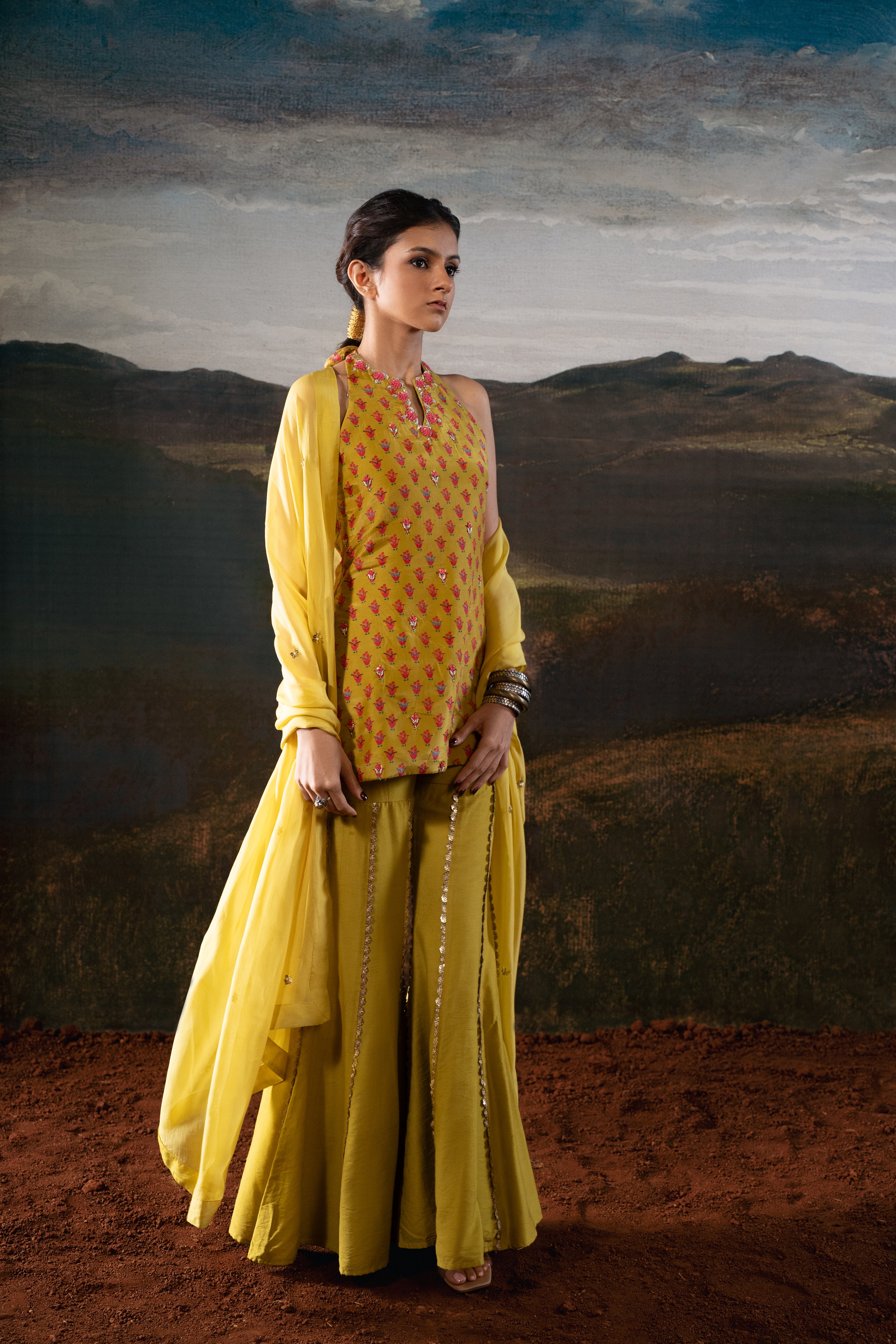Mustard Halter Top with Embroidered Lace Sharara