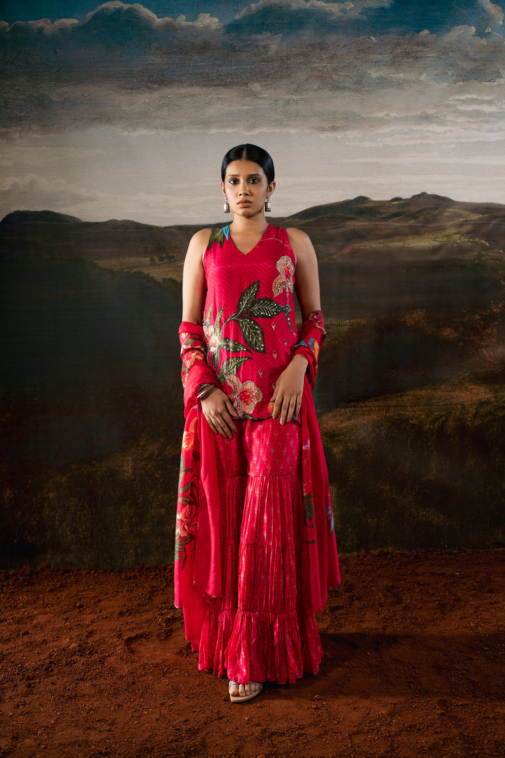 Short Embroidered Kurta with Tiered Sharara