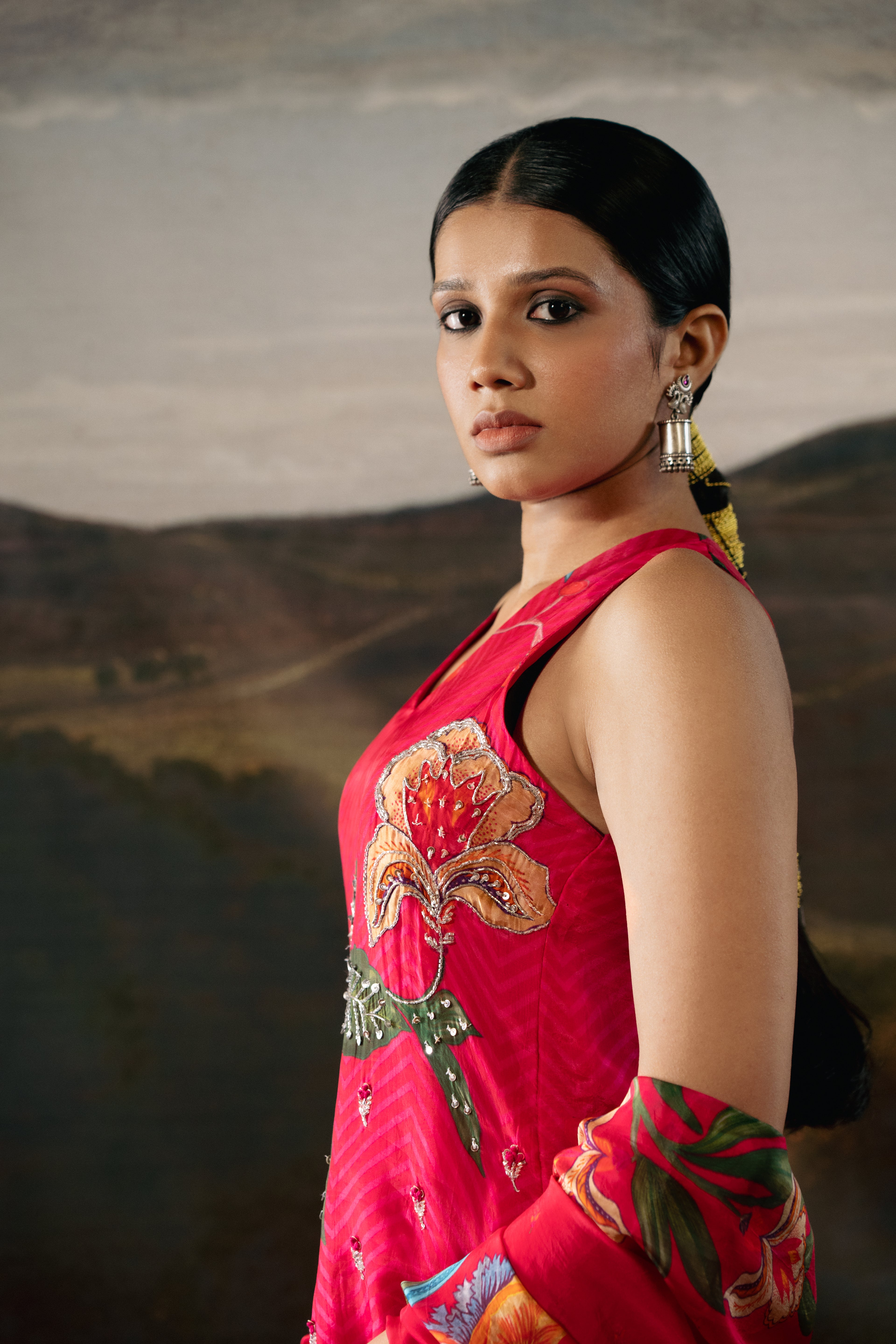 Short Embroidered Kurta with Tiered Sharara