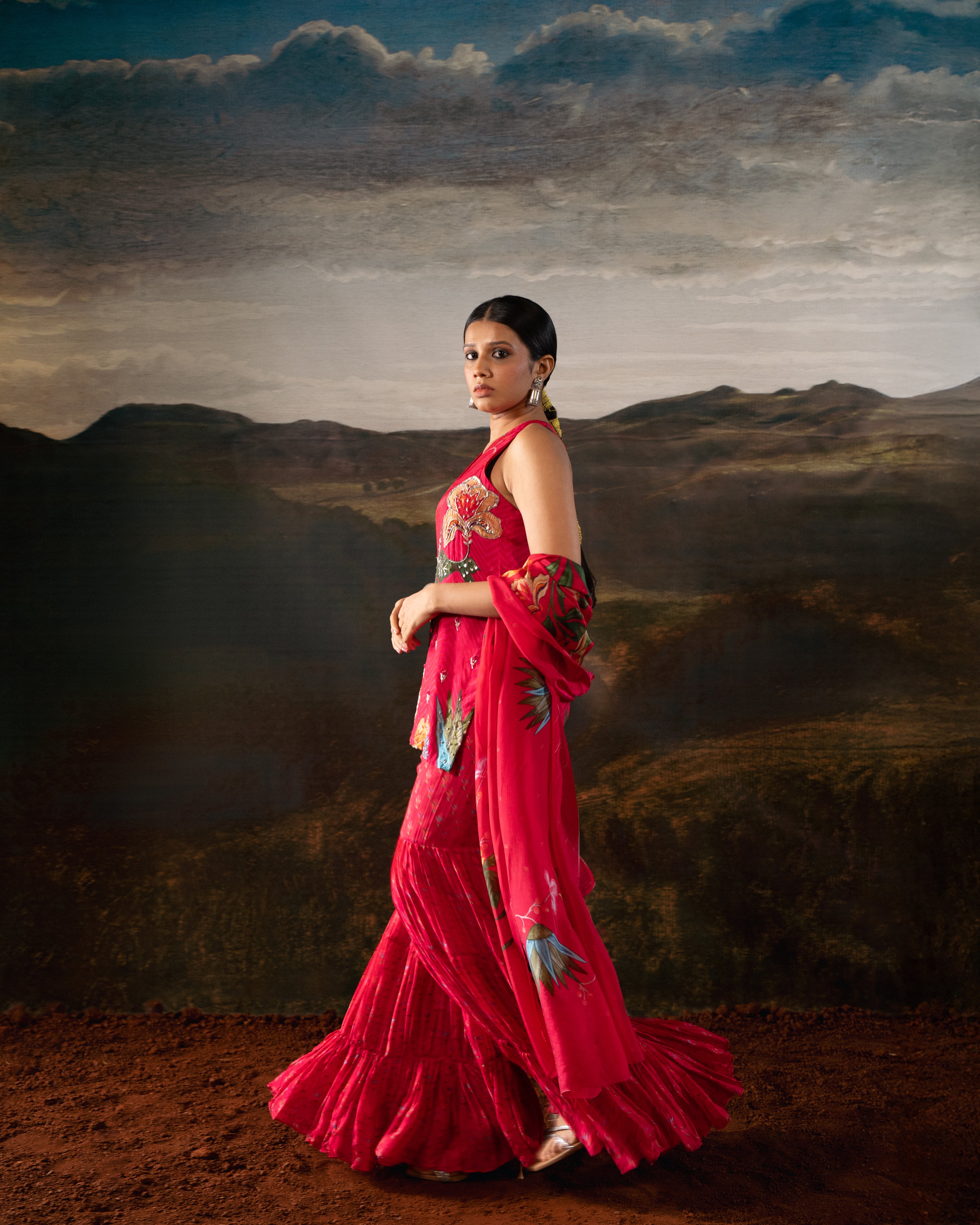 Short Embroidered Kurta with Tiered Sharara