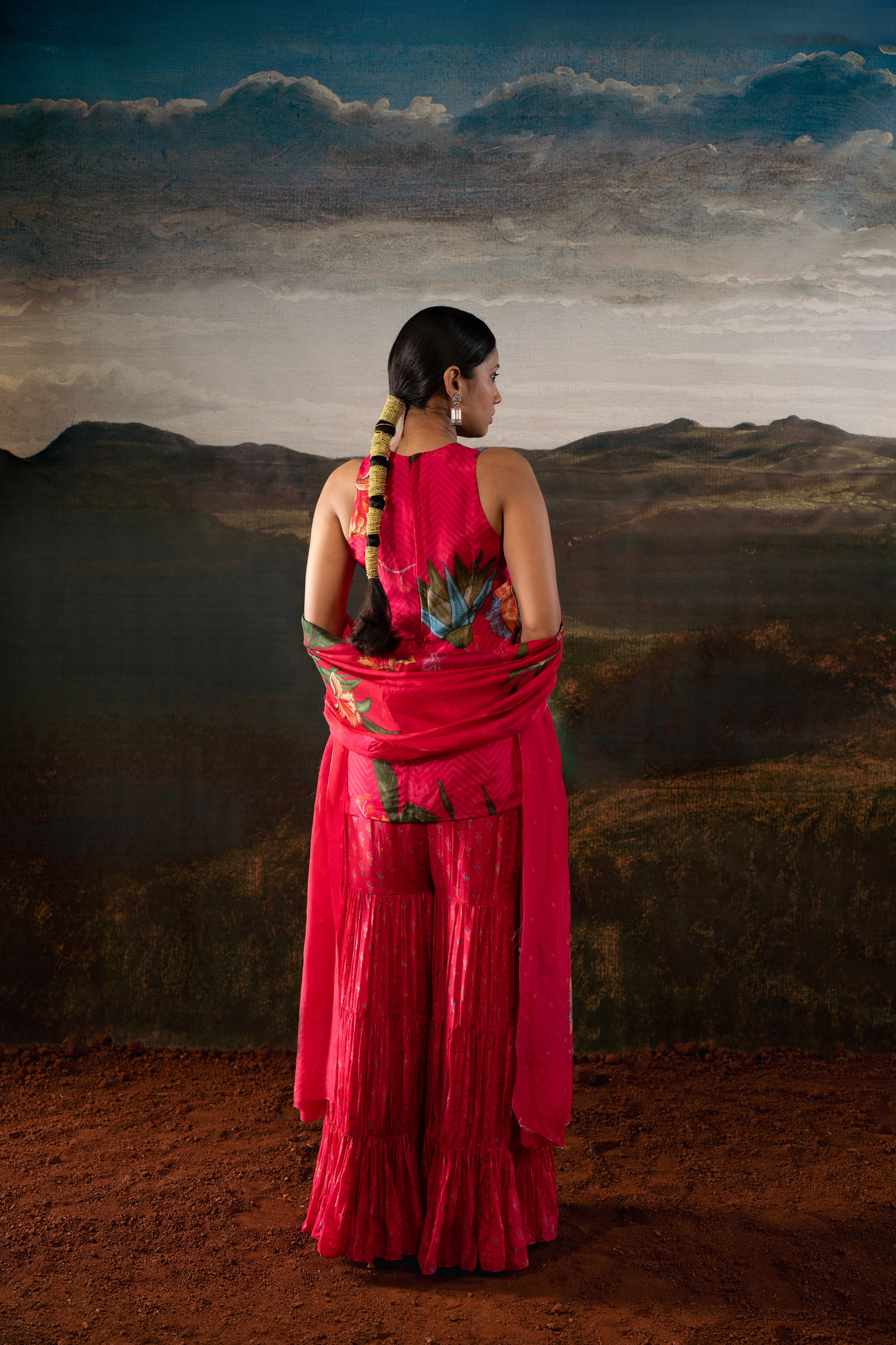 Short Embroidered Kurta with Tiered Sharara