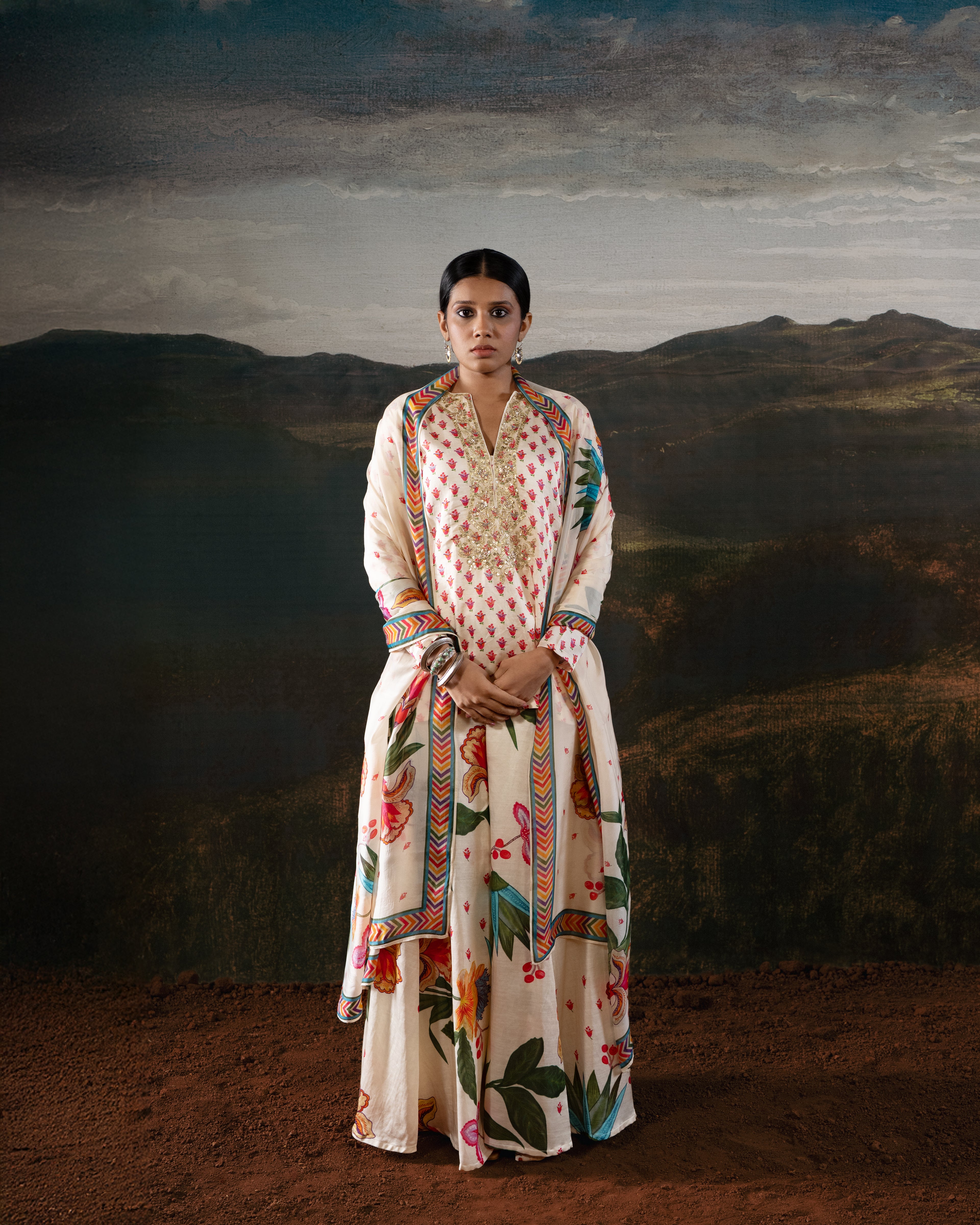 Ivory Embroidered Kurta with Kali Gharara