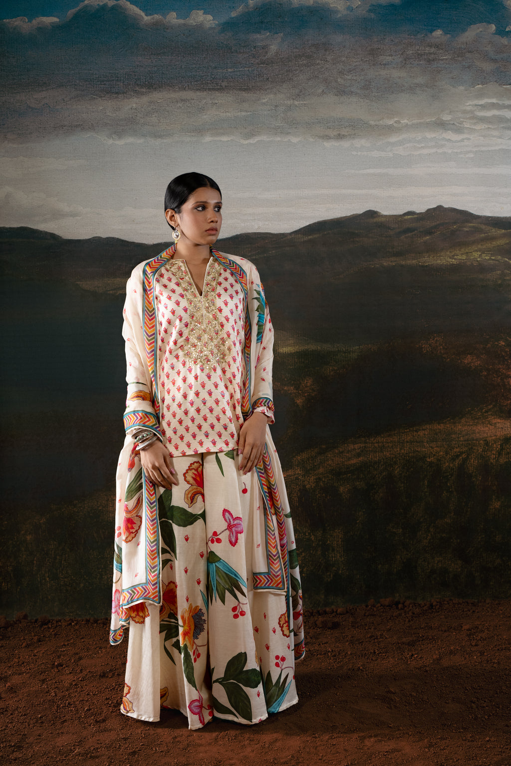 Ivory Embroidered Kurta with Kali Gharara