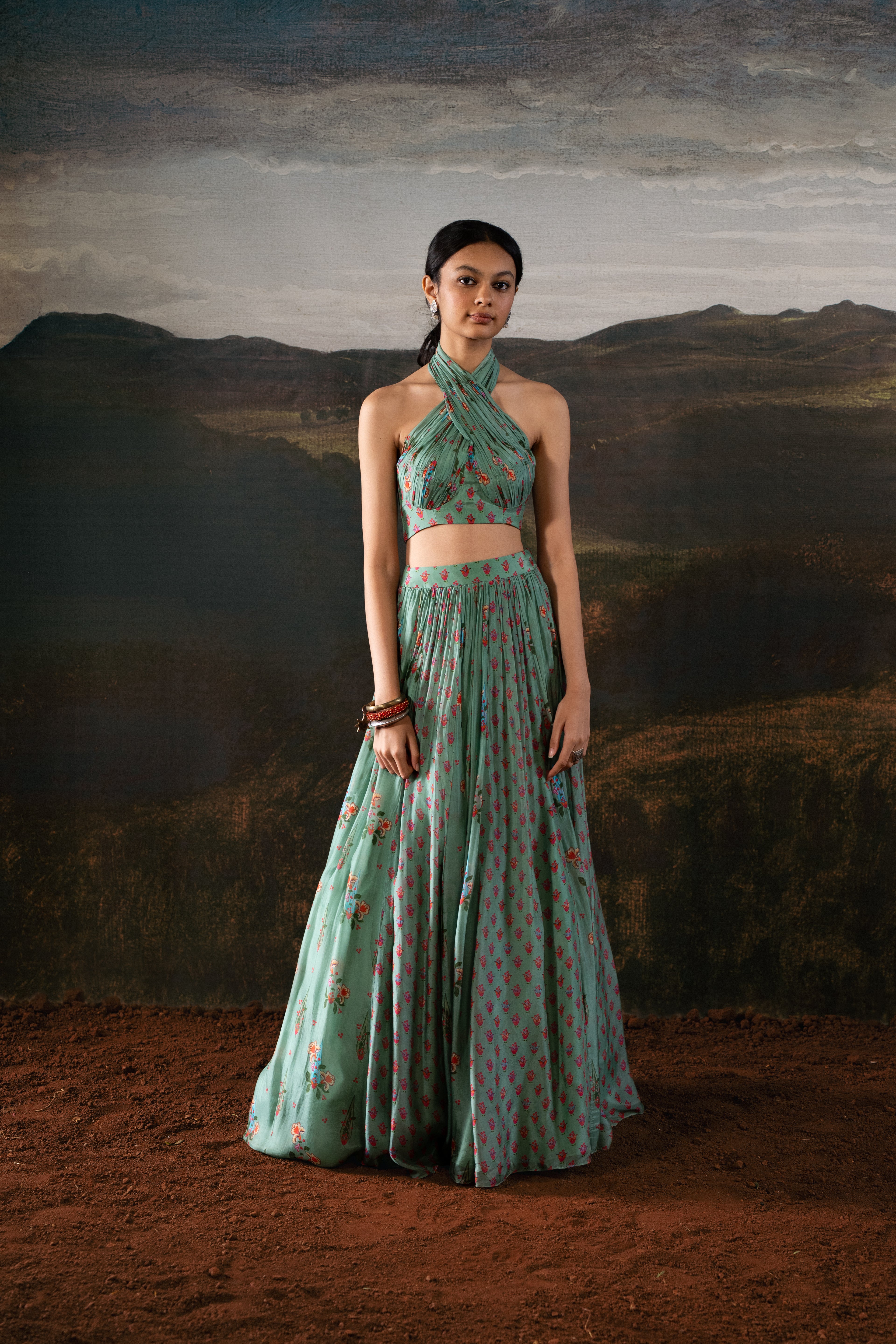 Mint Halter Draped Choli and Mix Print Lehenga