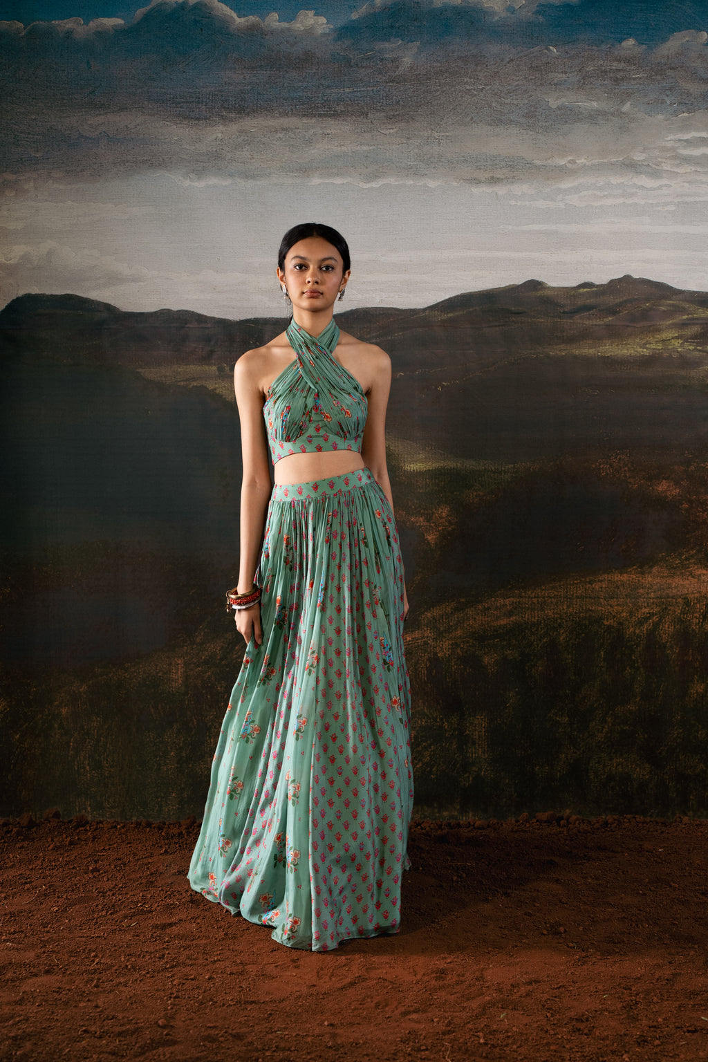 Mint Halter Draped Choli and Mix Print Lehenga