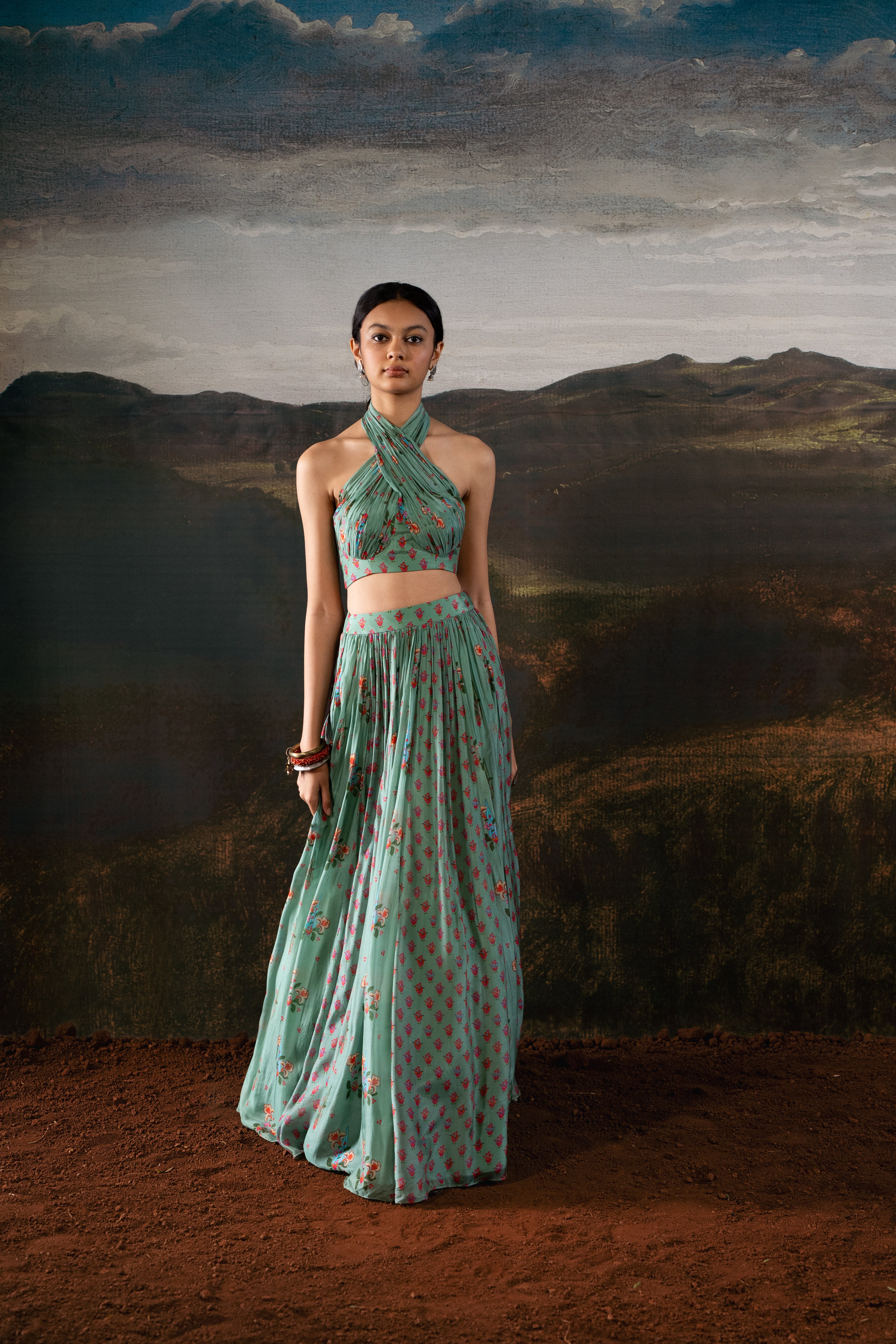Mint Halter Draped Choli and Mix Print Lehenga