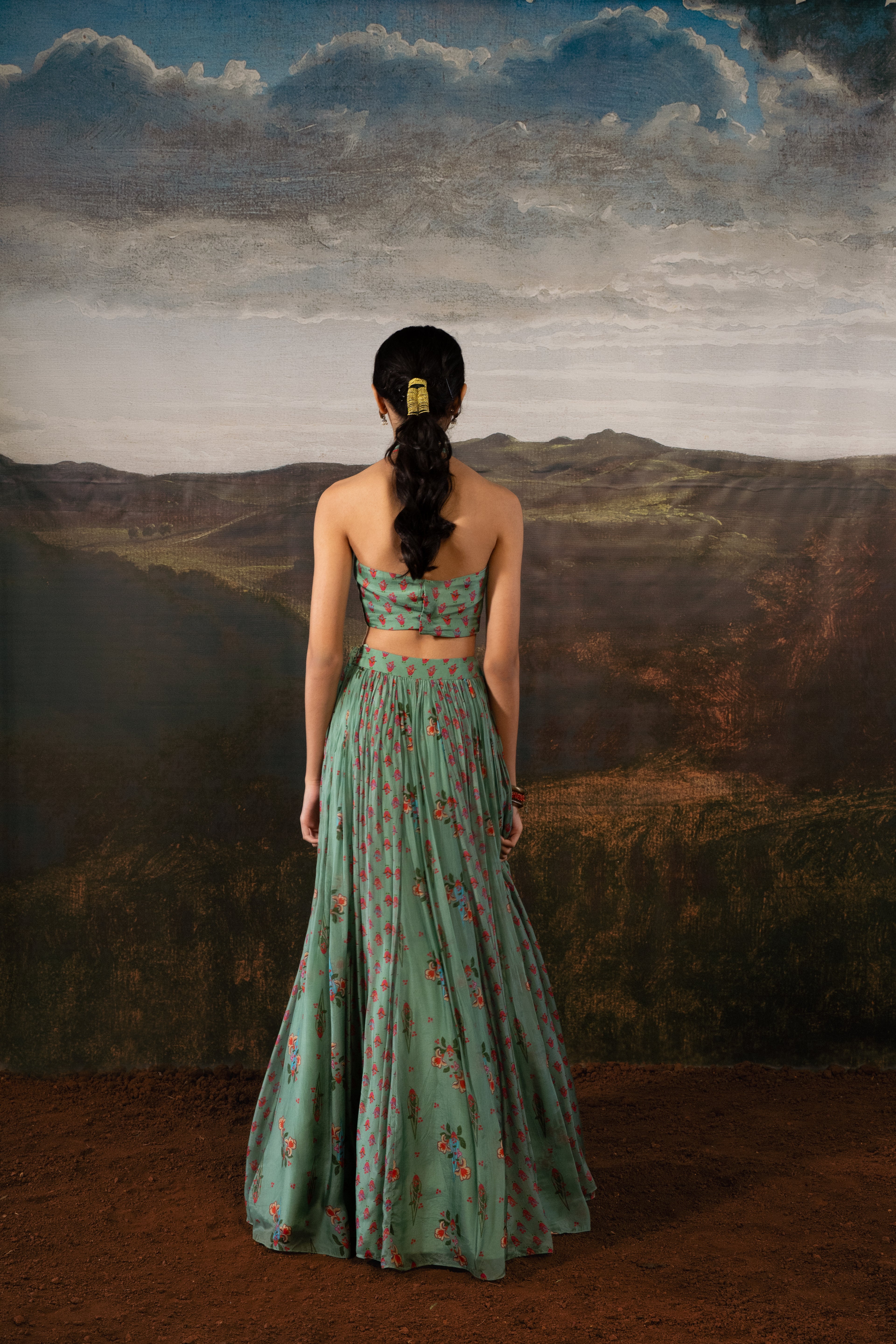 Mint Halter Draped Choli and Mix Print Lehenga